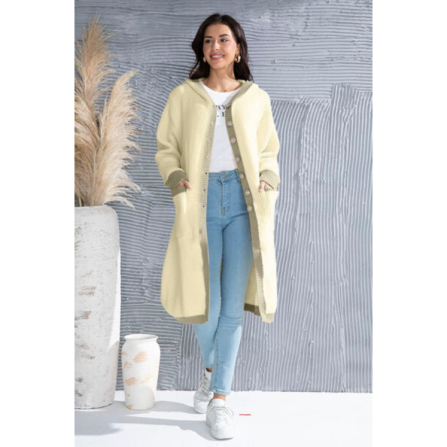 Button Up Contrast Trim Hooded Cardigan Clothing