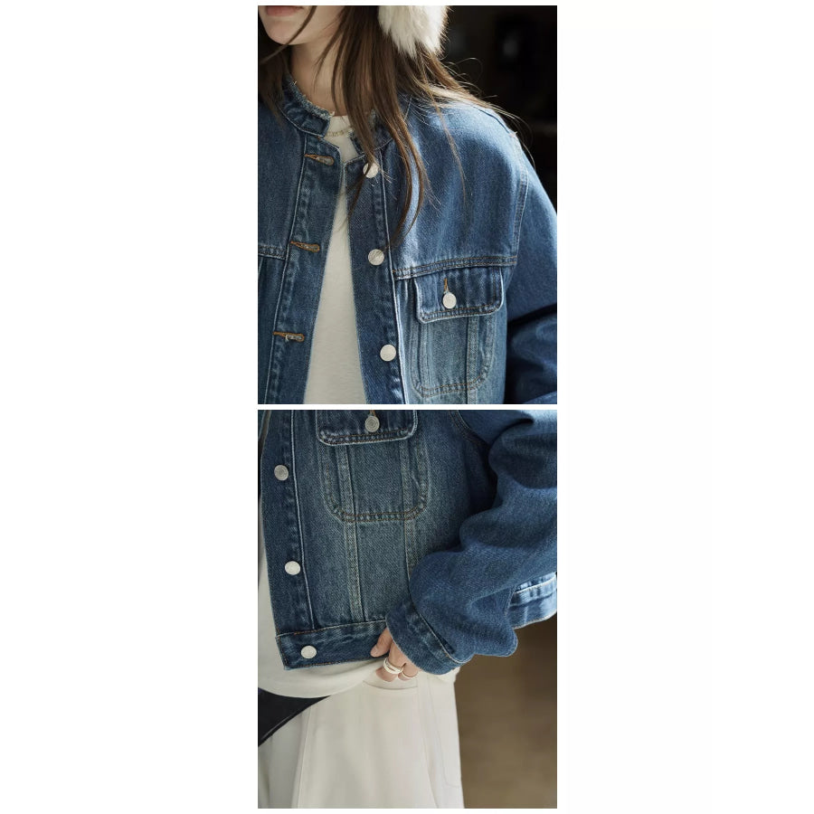 Button Up Cropped Denim Jacket Blue / One Size Apparel and Accessories