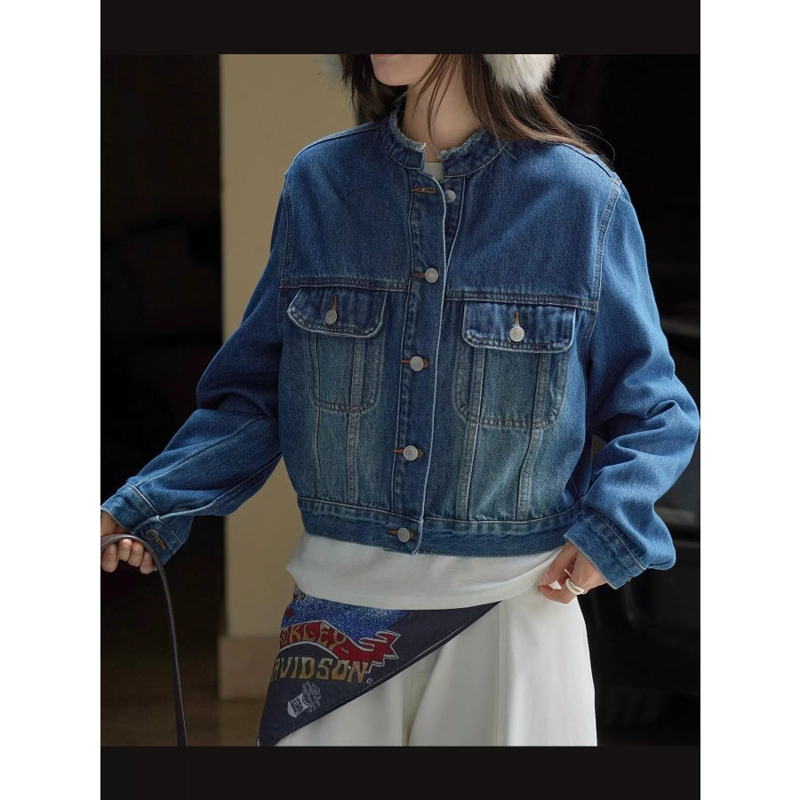 Button Up Cropped Denim Jacket Blue / One Size Apparel and Accessories