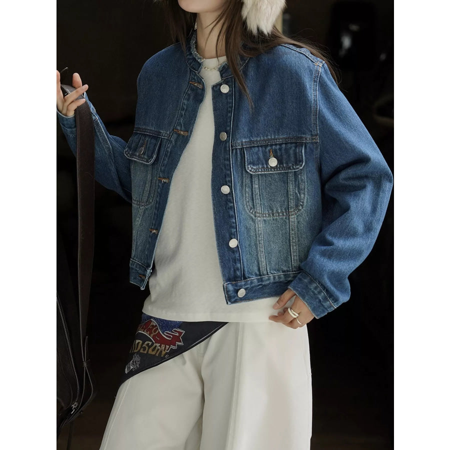 Button Up Cropped Denim Jacket Blue / One Size Apparel and Accessories