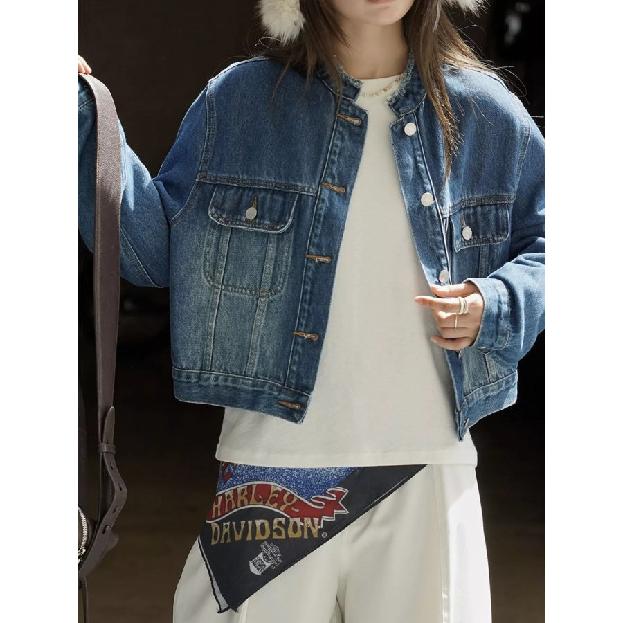 Button Up Cropped Denim Jacket Blue / One Size Apparel and Accessories