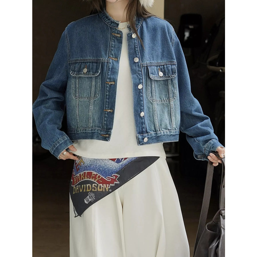 Button Up Cropped Denim Jacket Blue / One Size Apparel and Accessories