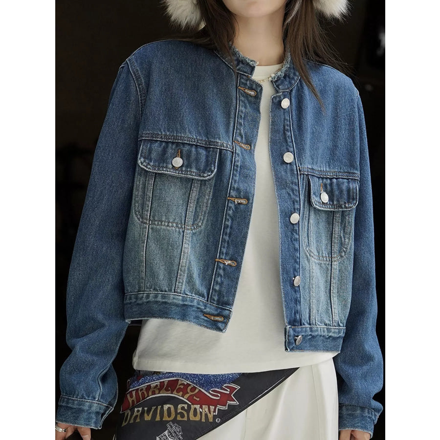 Button Up Cropped Denim Jacket Blue / One Size Apparel and Accessories
