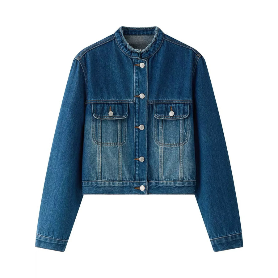 Button Up Cropped Denim Jacket Blue / One Size Apparel and Accessories