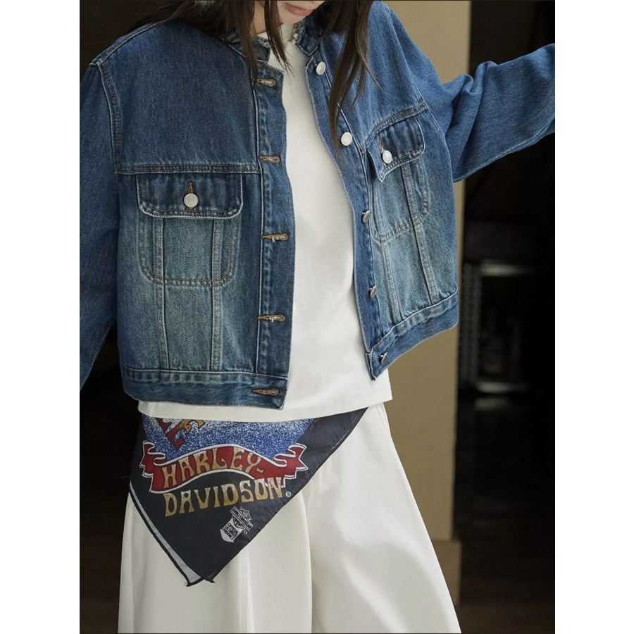 Button Up Cropped Denim Jacket Blue / One Size Apparel and Accessories