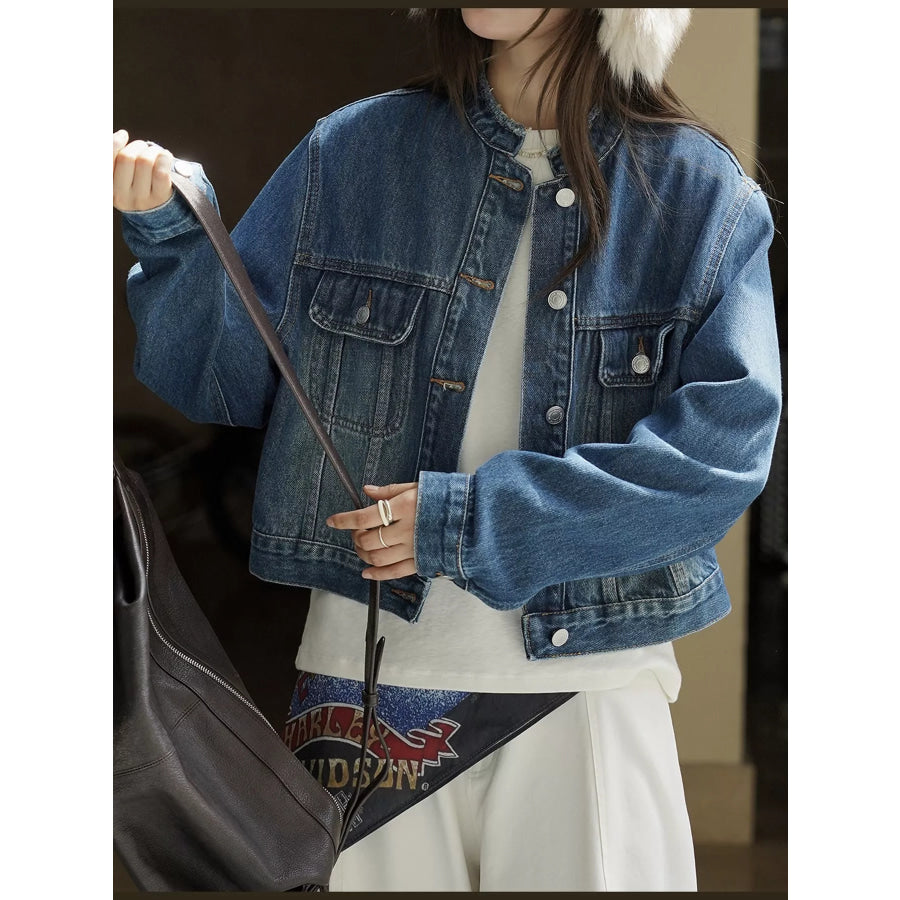 Button Up Cropped Denim Jacket Blue / One Size Apparel and Accessories