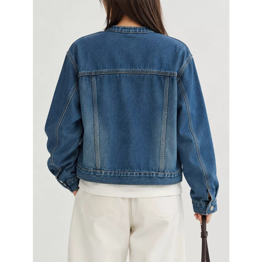 Button Up Cropped Denim Jacket Blue / One Size Apparel and Accessories