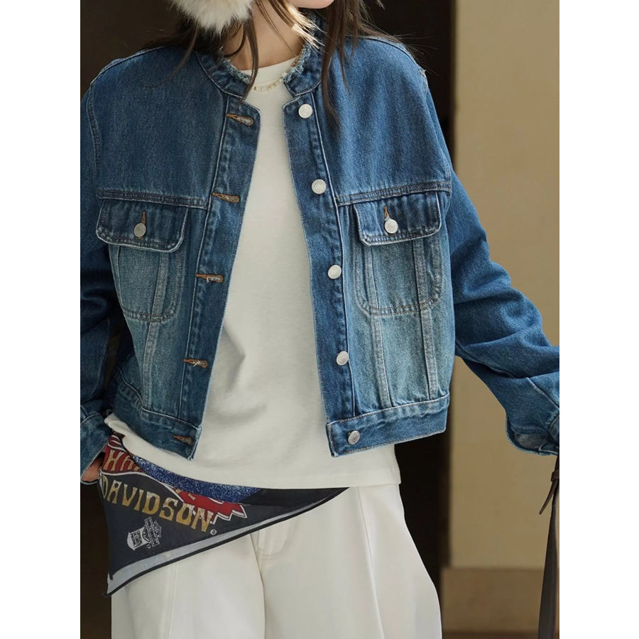 Button Up Cropped Denim Jacket Blue / One Size Apparel and Accessories