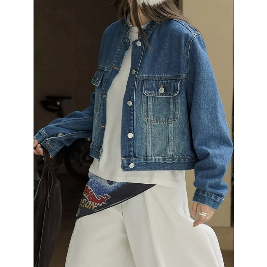 Button Up Cropped Denim Jacket Blue / One Size Apparel and Accessories