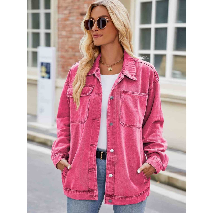 Button Up Denim Jacket with Pockets Hot Pink / S