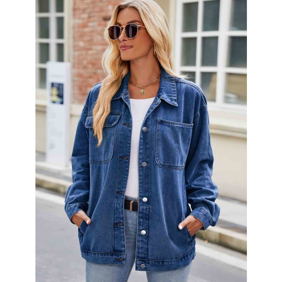 Button Up Denim Jacket with Pockets Peacock Blue / S