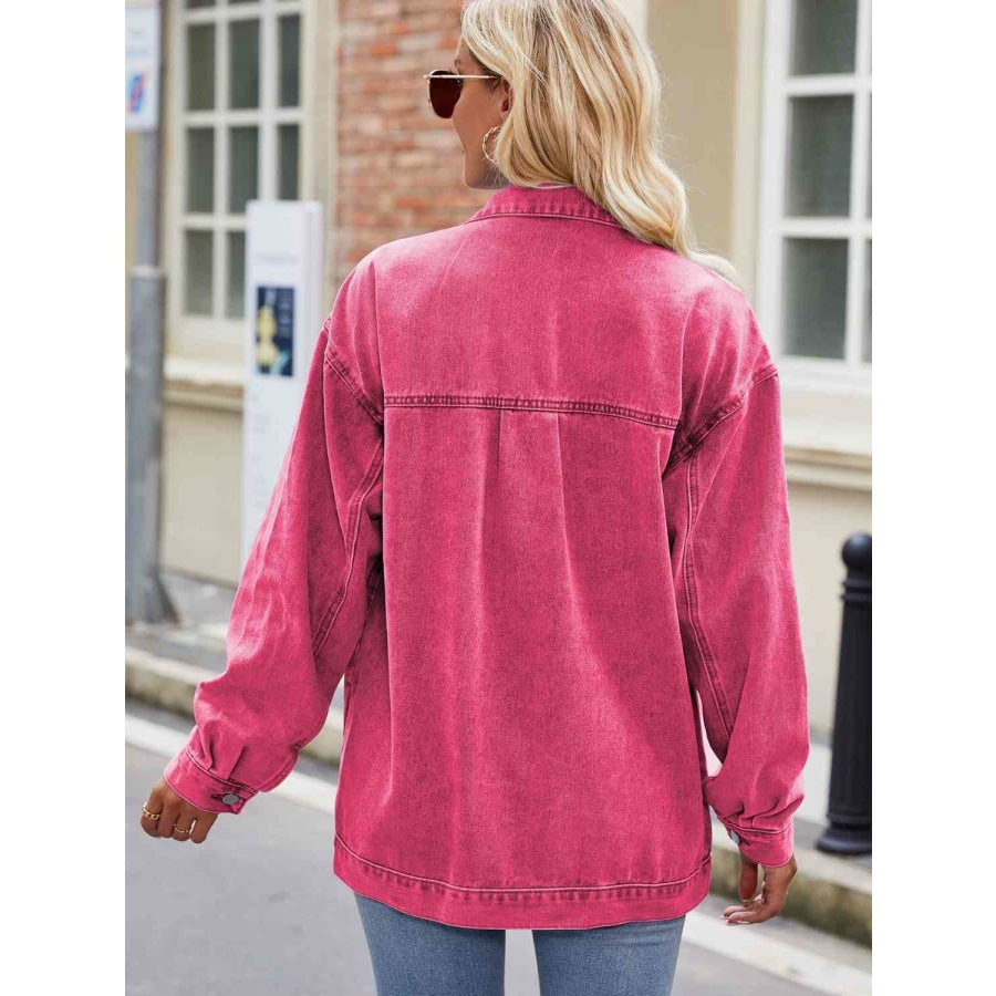 Button Up Denim Jacket with Pockets Hot Pink / S