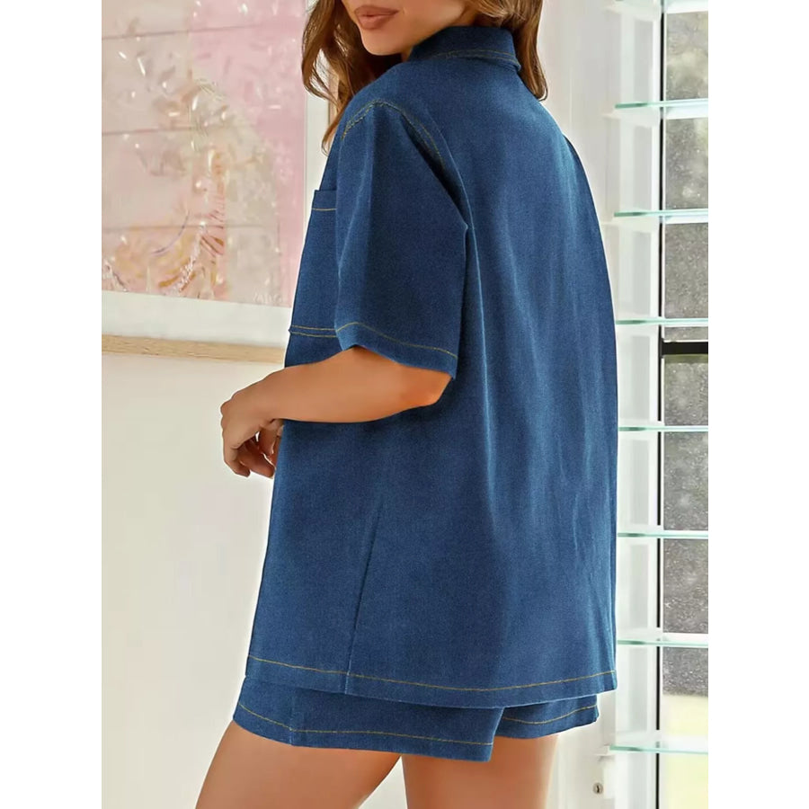 Button Up Denim Shirt and Shorts Set Apparel and Accessories