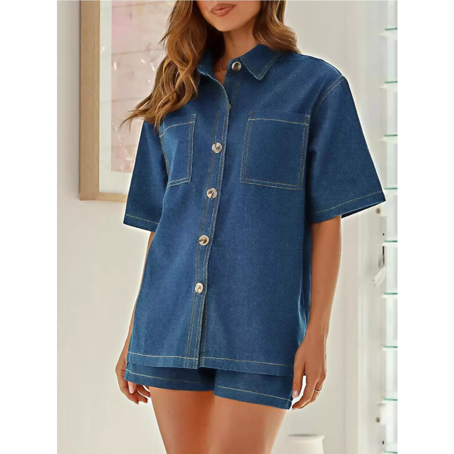 Button Up Denim Shirt and Shorts Set Apparel and Accessories