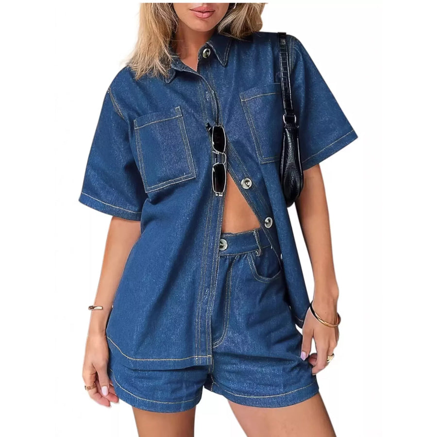 Button Up Denim Shirt and Shorts Set Apparel and Accessories
