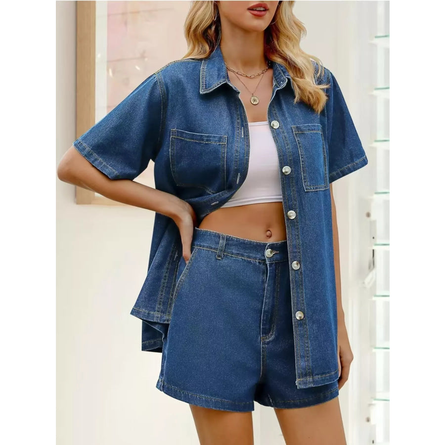 Button Up Denim Shirt and Shorts Set Blue / S Apparel and Accessories