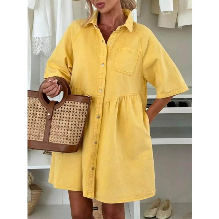 Button Up Denim Shirt Dress Lemon Yellow / S Apparel and Accessories