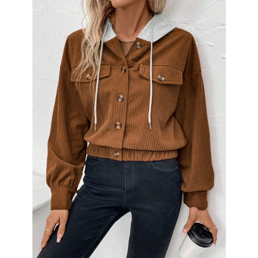 Button Up Drawstring Hooded Jacket Apparel and Accessories