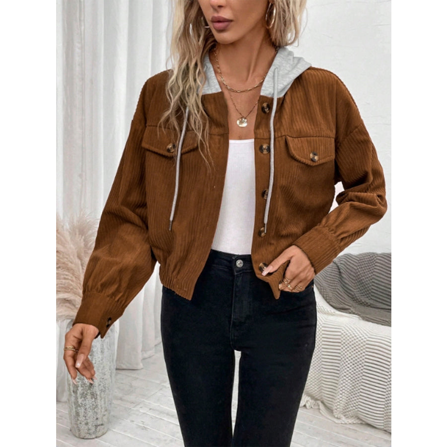 Button Up Drawstring Hooded Jacket Brown / S Apparel and Accessories