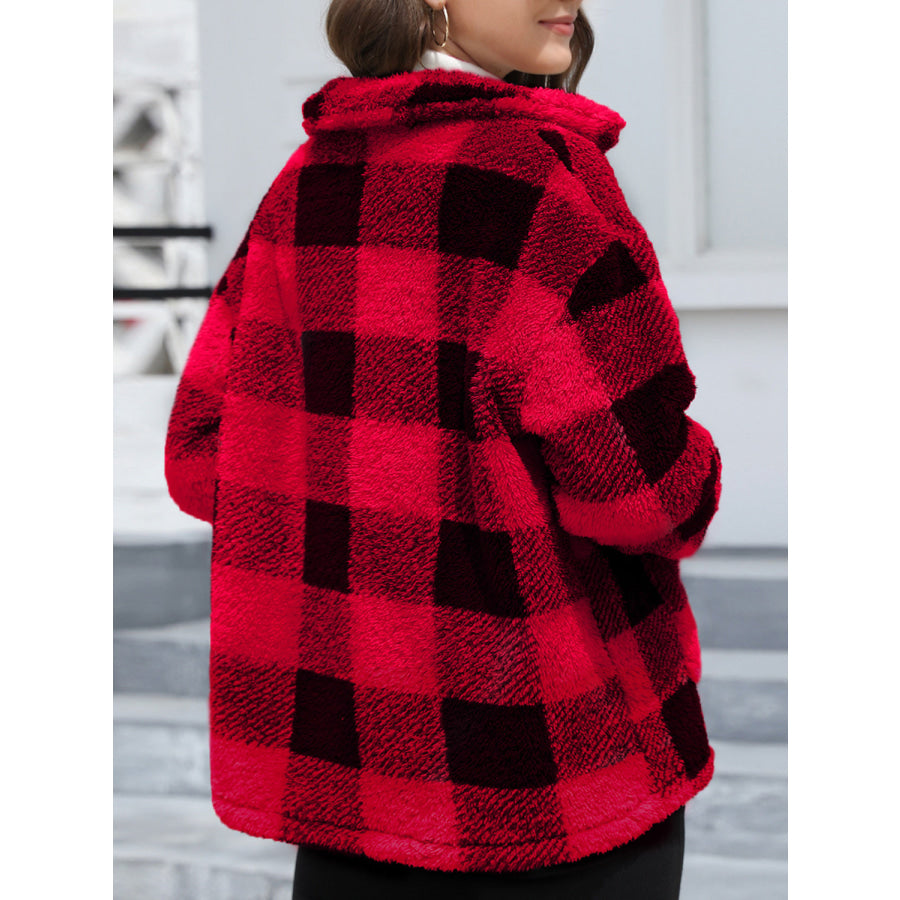 Button Up Drop Shoulder Fuzzy Jacket Deep Red / S Apparel and Accessories