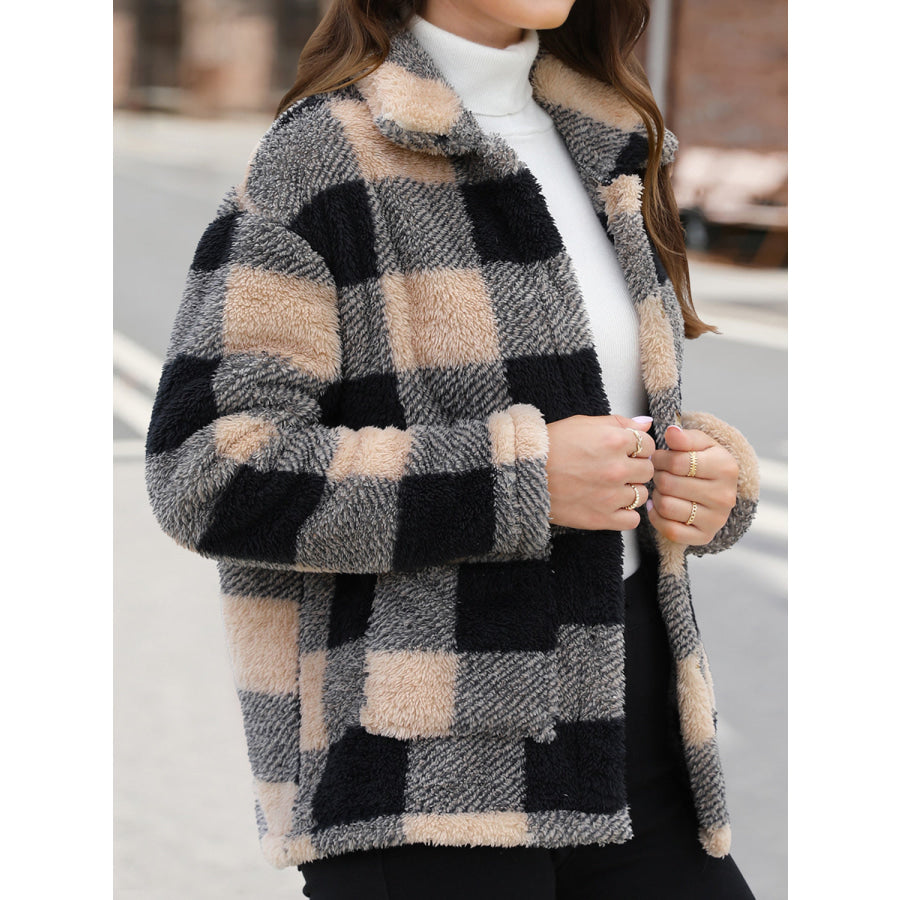 Button Up Drop Shoulder Fuzzy Jacket Apparel and Accessories