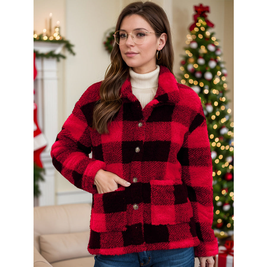 Button Up Drop Shoulder Fuzzy Jacket Deep Red / S Apparel and Accessories