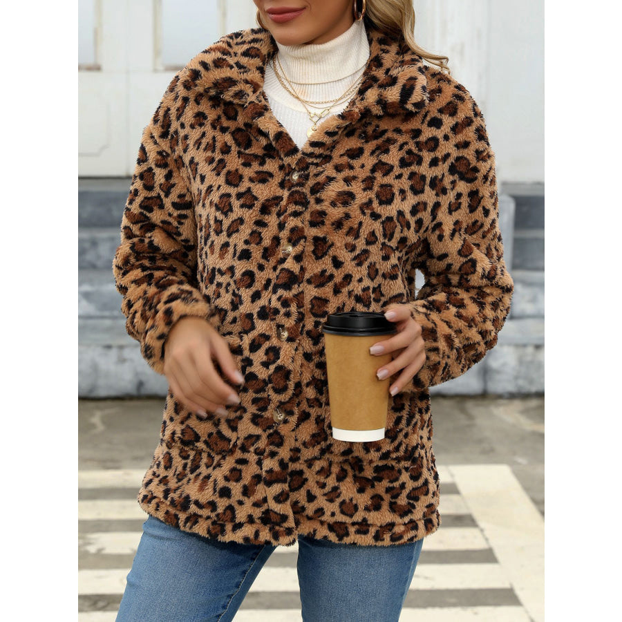 Button Up Drop Shoulder Fuzzy Jacket Leopard / S Apparel and Accessories