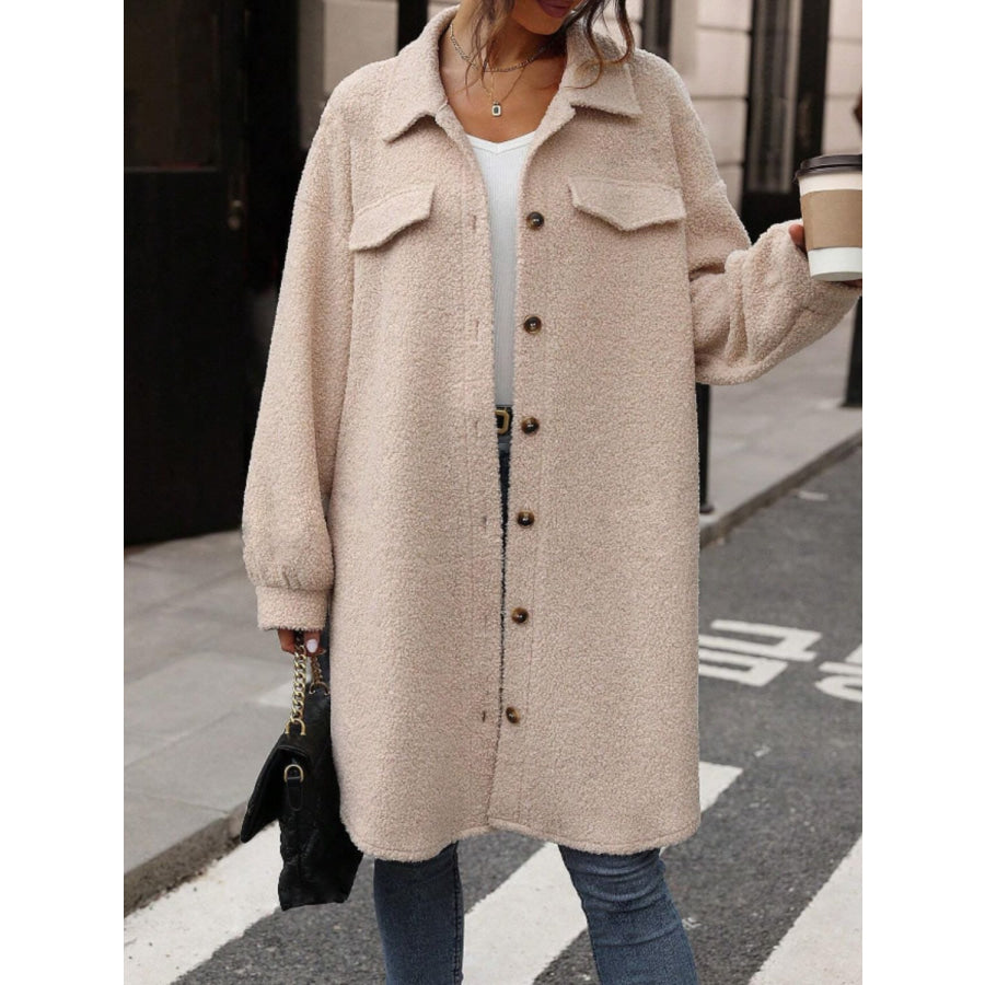 Button Up Drop Shoulder Sherpa Coat Dust Storm / S Apparel and Accessories