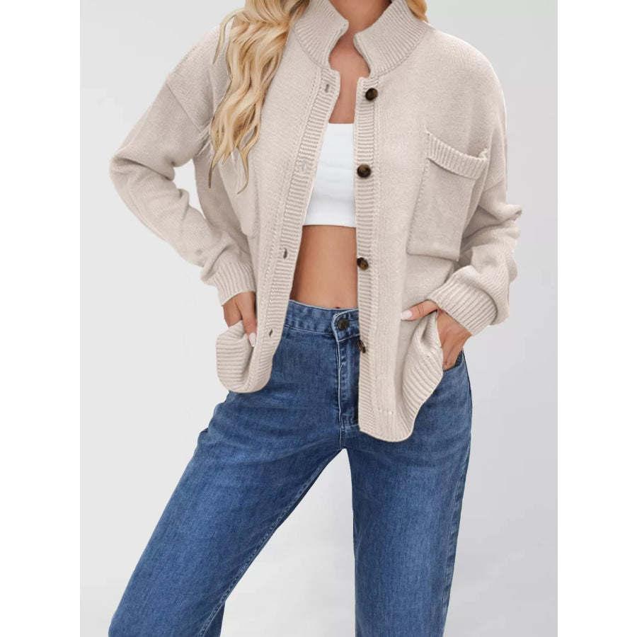 Button Up Dropped Shoulder Cardigan Apricot / S Apparel and Accessories