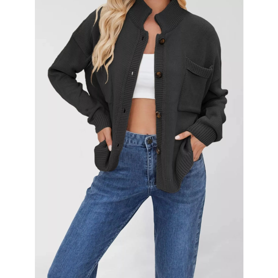 Button Up Dropped Shoulder Cardigan Black / S Apparel and Accessories