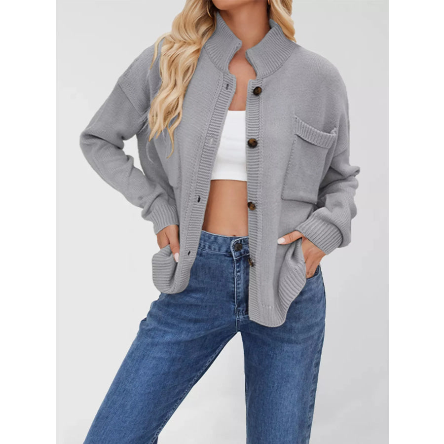 Button Up Dropped Shoulder Cardigan Grey / S Apparel and Accessories
