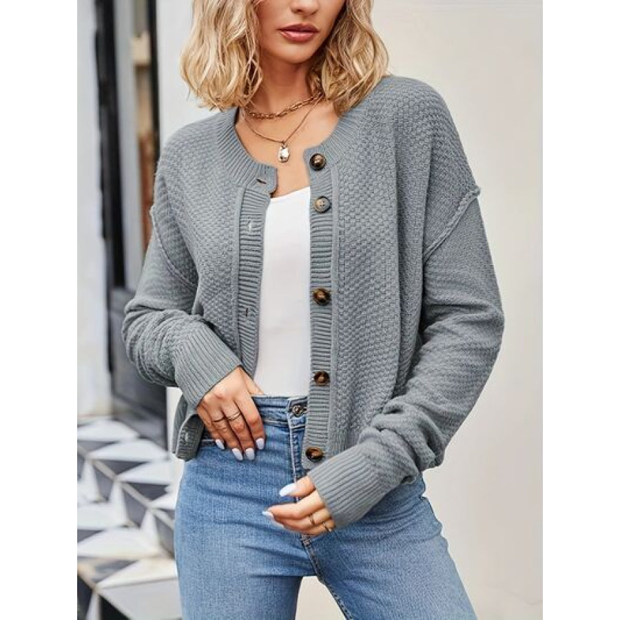 Button Up Dropped Shoulder Cardigan Heather Gray / S Apparel and Accessories