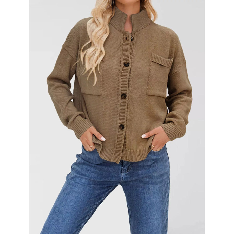 Button Up Dropped Shoulder Cardigan Khaki / S Apparel and Accessories