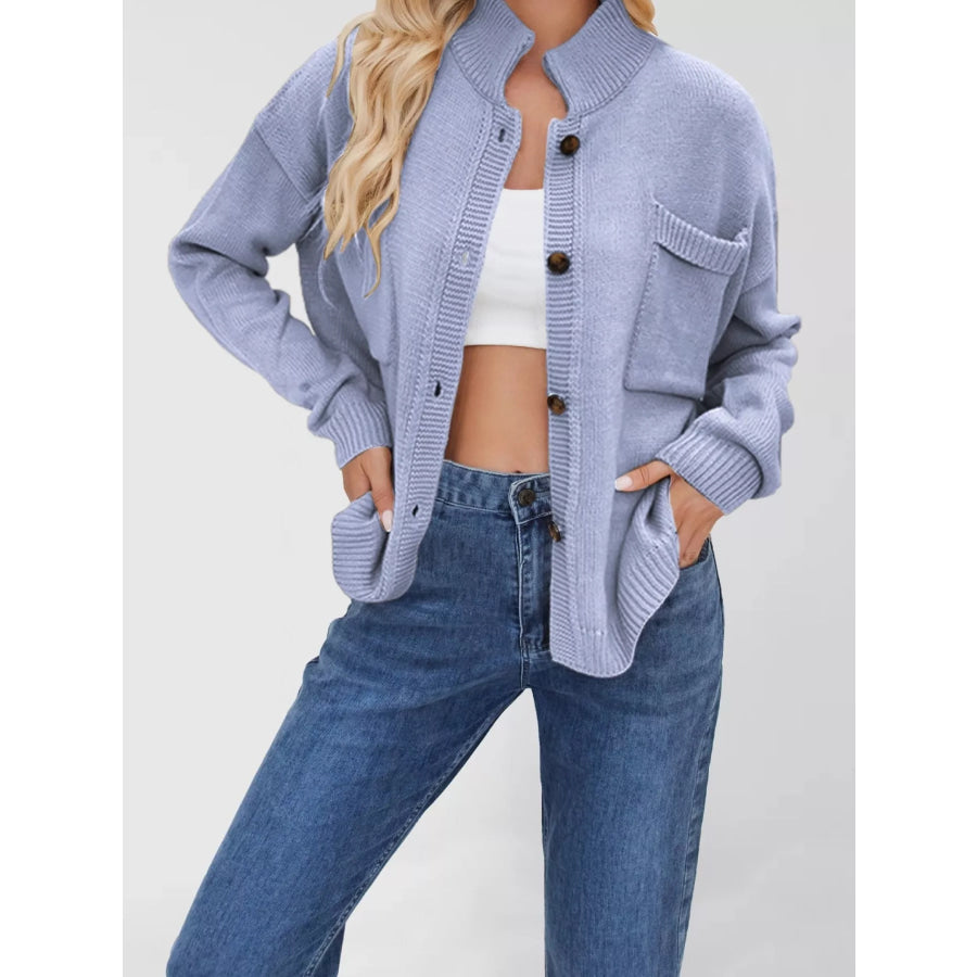 Button Up Dropped Shoulder Cardigan Light Blue / S Apparel and Accessories