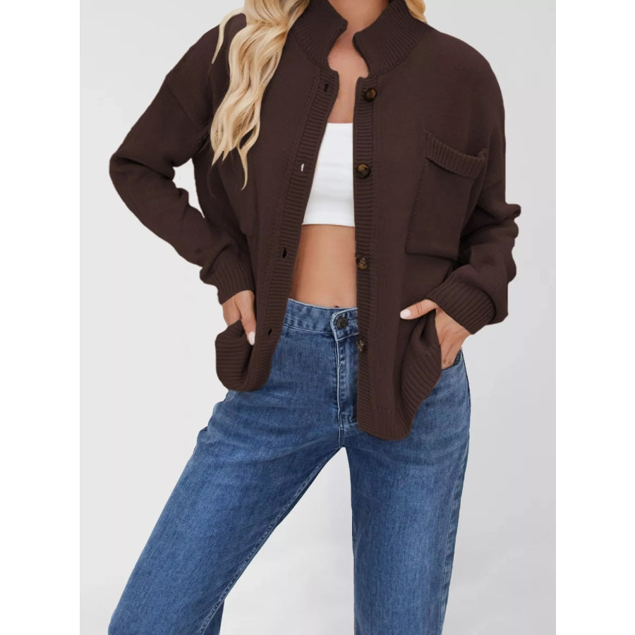 Button Up Dropped Shoulder Cardigan Red Brown / S Apparel and Accessories