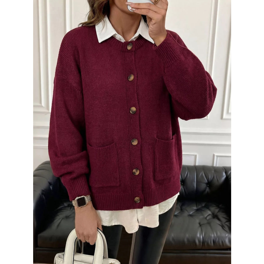Button Up Dropped Shoulder Cardigan Wine Red / S Apparel and Accessories