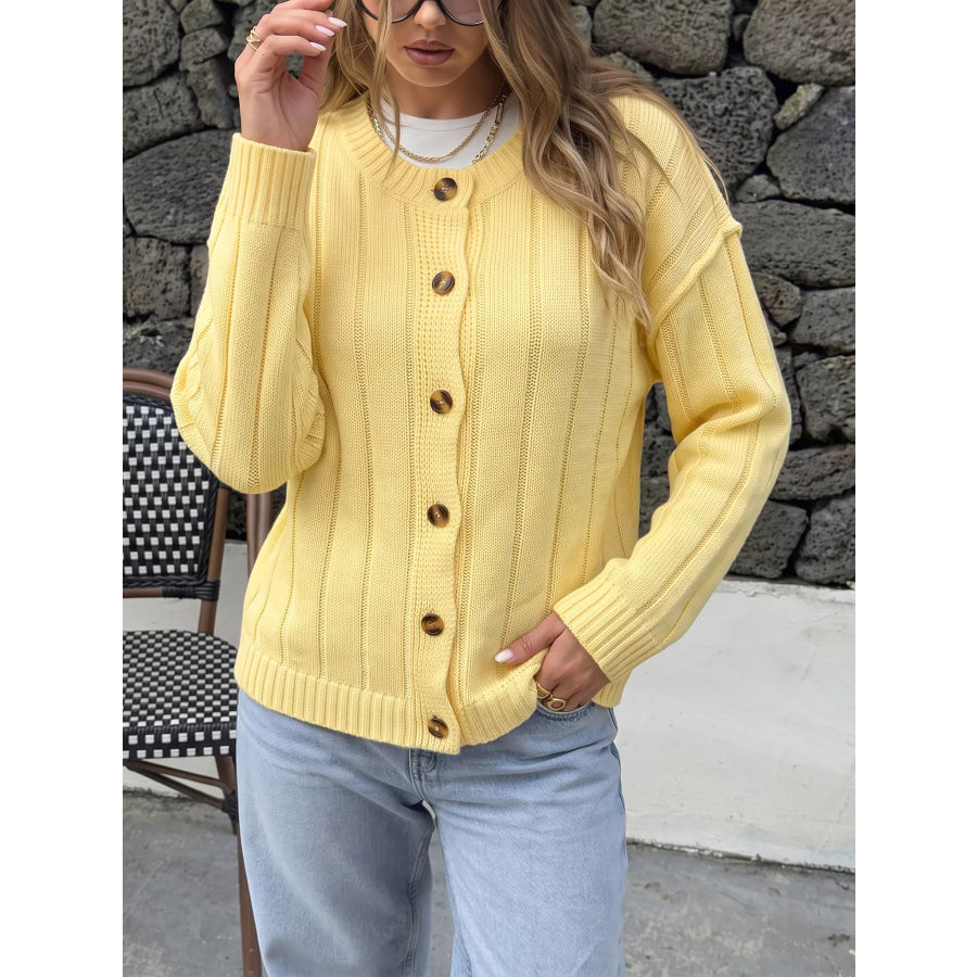 Button Up Dropped Shoulder Cardigan Yellow / S Apparel and Accessories