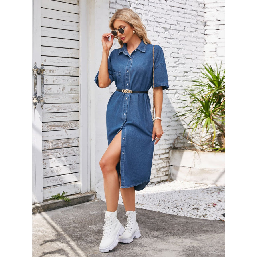 Button Up Dropped Shoulder Denim Dress Apparel and Accessories