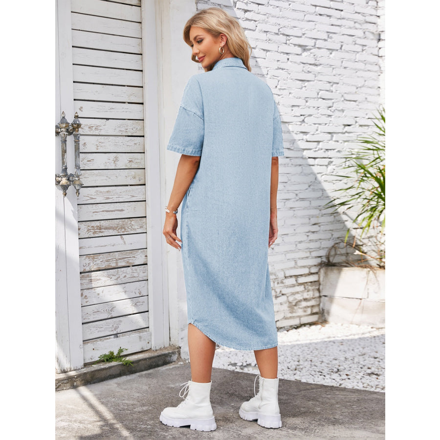 Button Up Dropped Shoulder Denim Dress Apparel and Accessories