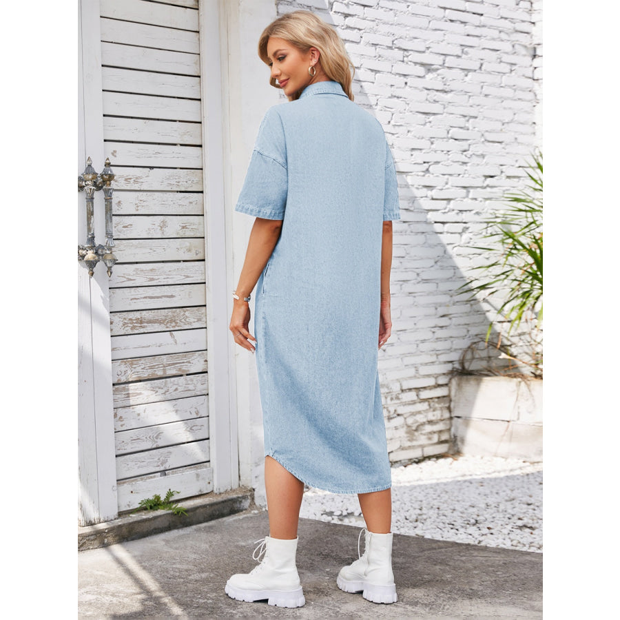 Button Up Dropped Shoulder Denim Dress Misty Blue / S Apparel and Accessories