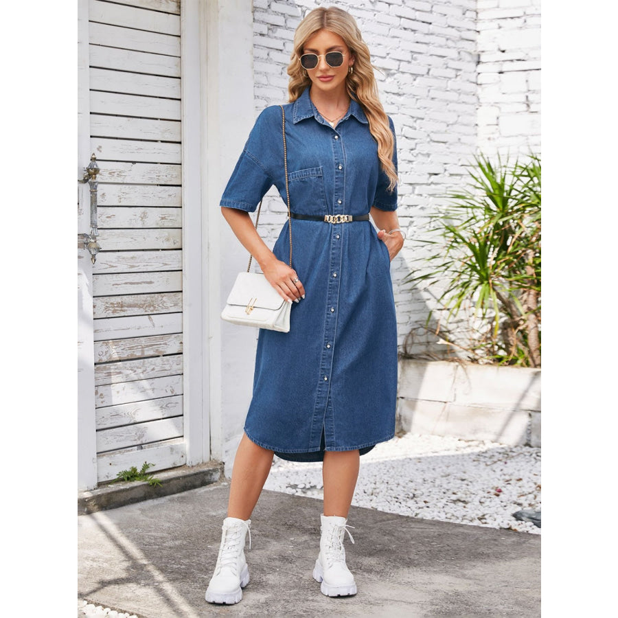 Button Up Dropped Shoulder Denim Dress Apparel and Accessories