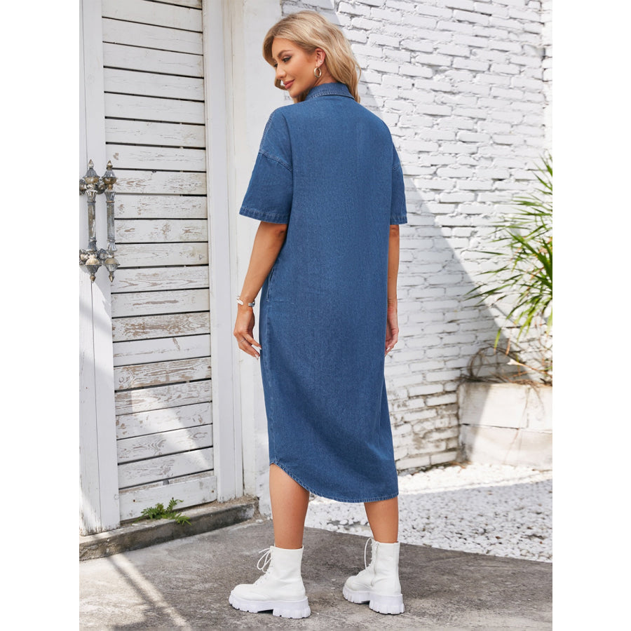 Button Up Dropped Shoulder Denim Dress Apparel and Accessories