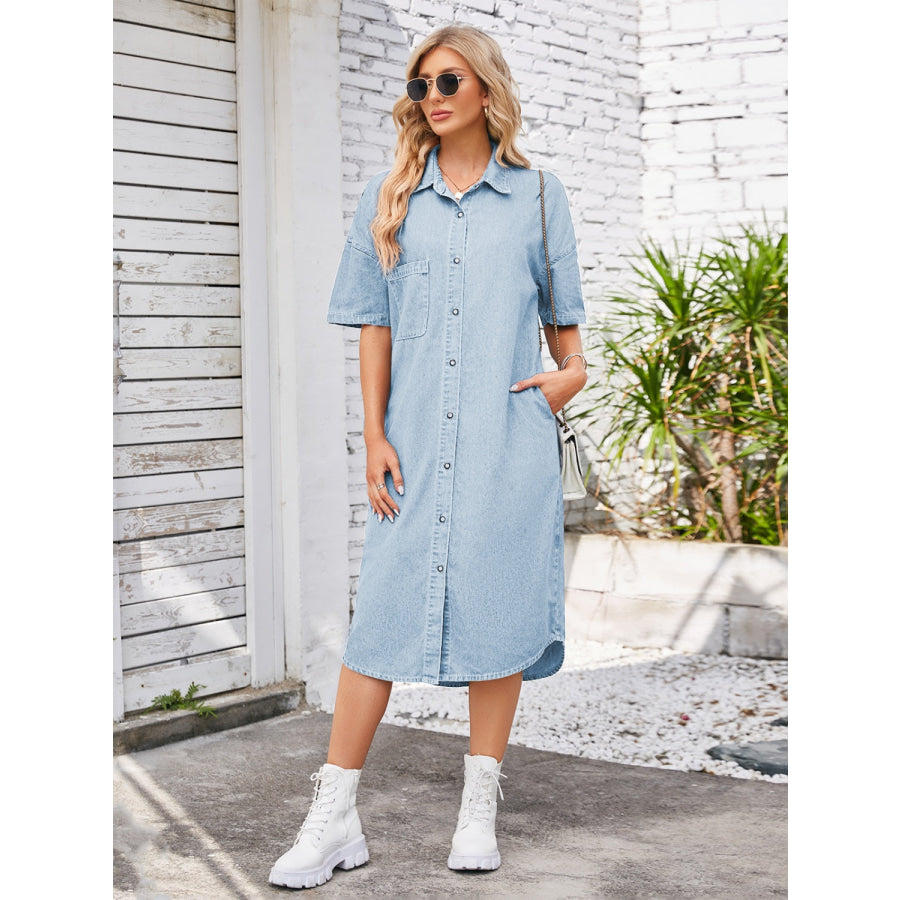 Button Up Dropped Shoulder Denim Dress Apparel and Accessories