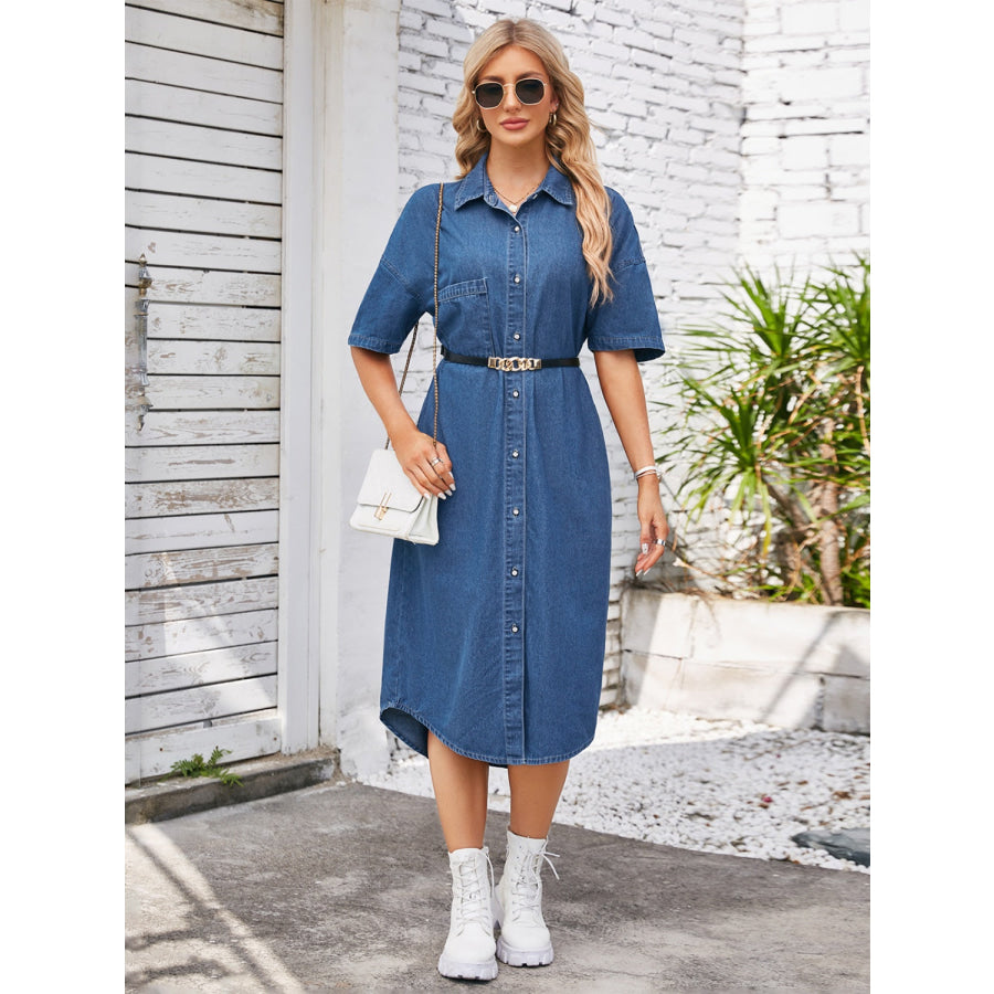 Button Up Dropped Shoulder Denim Dress Dusty Blue / S Apparel and Accessories