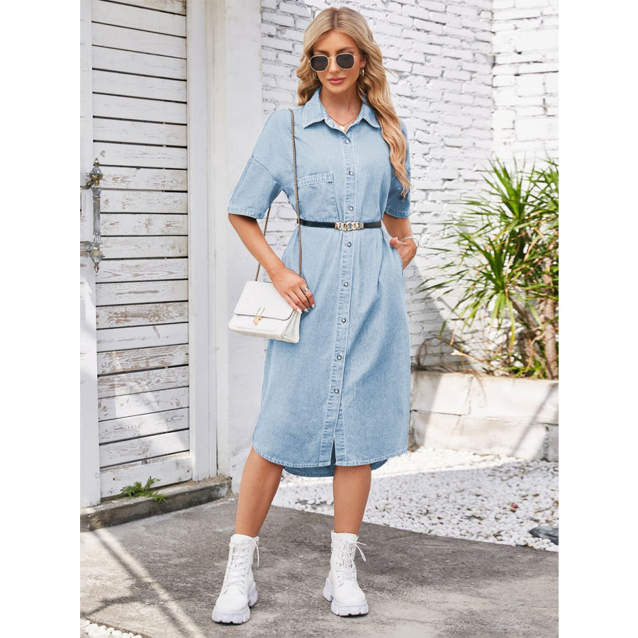 Button Up Dropped Shoulder Denim Dress Misty Blue / S Apparel and Accessories