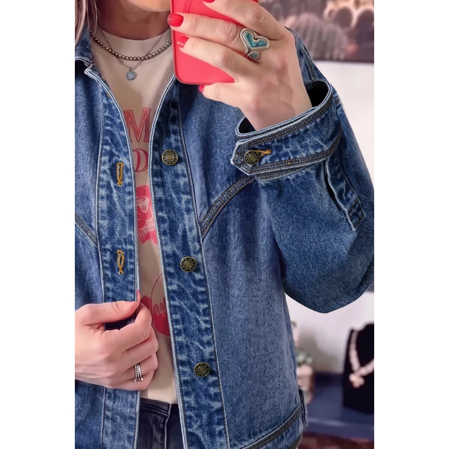 Button Up Dropped Shoulder Denim Jacket Apparel and Accessories