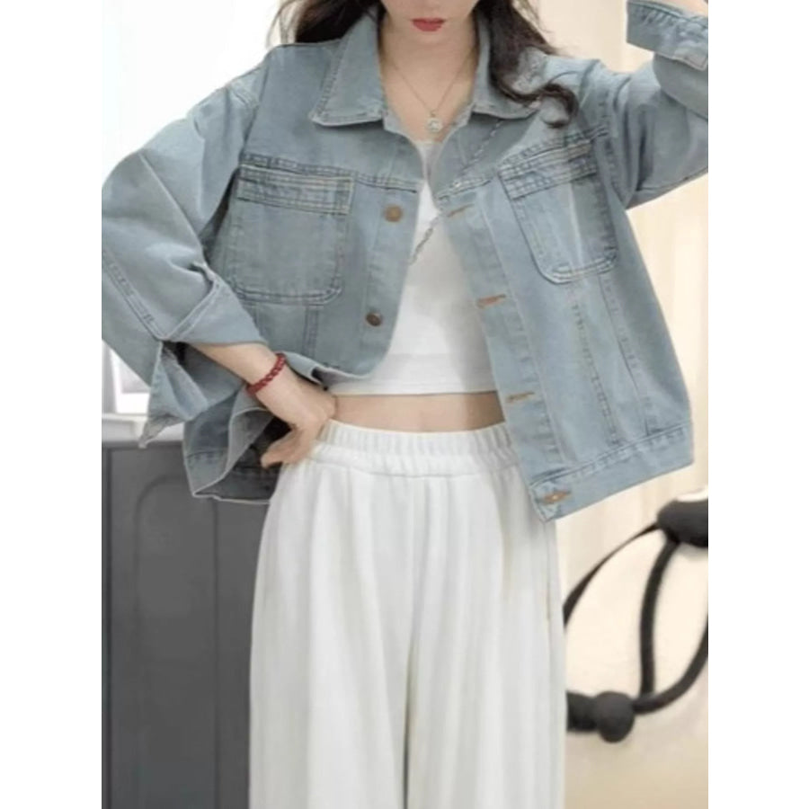 Button Up Dropped Shoulder Denim Jacket Apparel and Accessories