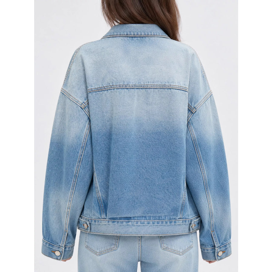 Button Up Dropped Shoulder Denim Jacket Apparel and Accessories