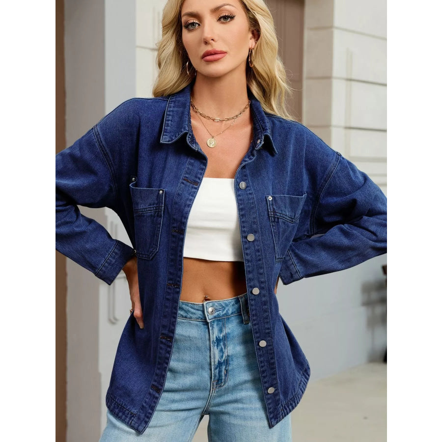 Button Up Dropped Shoulder Denim Jacket Apparel and Accessories