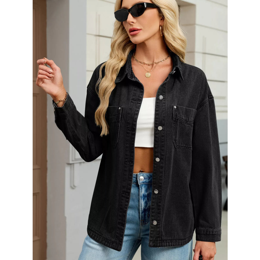 Button Up Dropped Shoulder Denim Jacket Black / S Apparel and Accessories